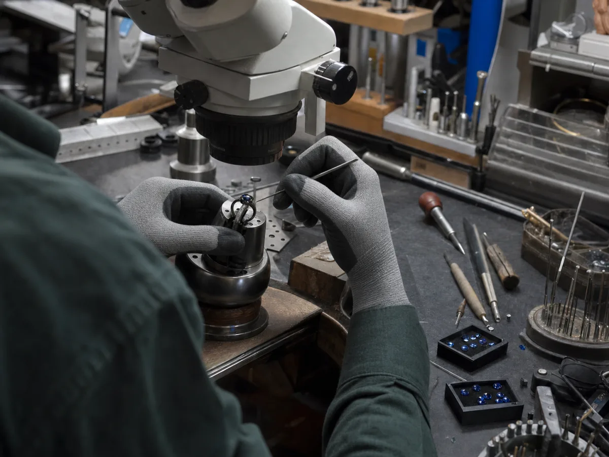 Production-environment visualization of a blue stone being set under a jeweler's microscope